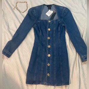 Square-Neck Denim Button-Front Dress - Blue - House of Harlow